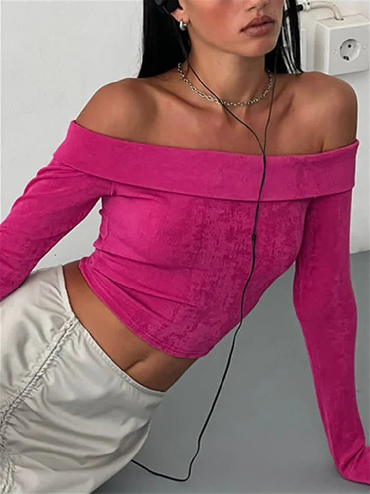 FashionSierra - Off Shoulder Long Sleeve Women Fall Spring Slash Neck Slim Fit Short Street Casual Base Tops Tee