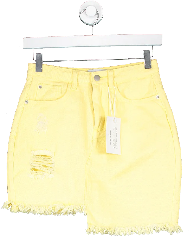 In The Style Yellow Lemon Asymmetric Hem Denim Skirt UK 8