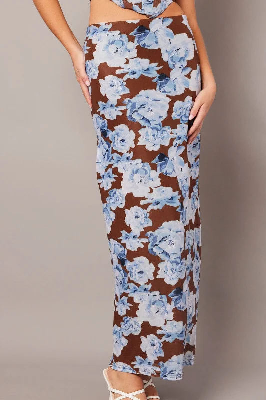 Multi Floral Maxi Skirt High Rise Mesh