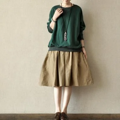 New stylish khaki cotton pleated skirts loose summer mid skirts