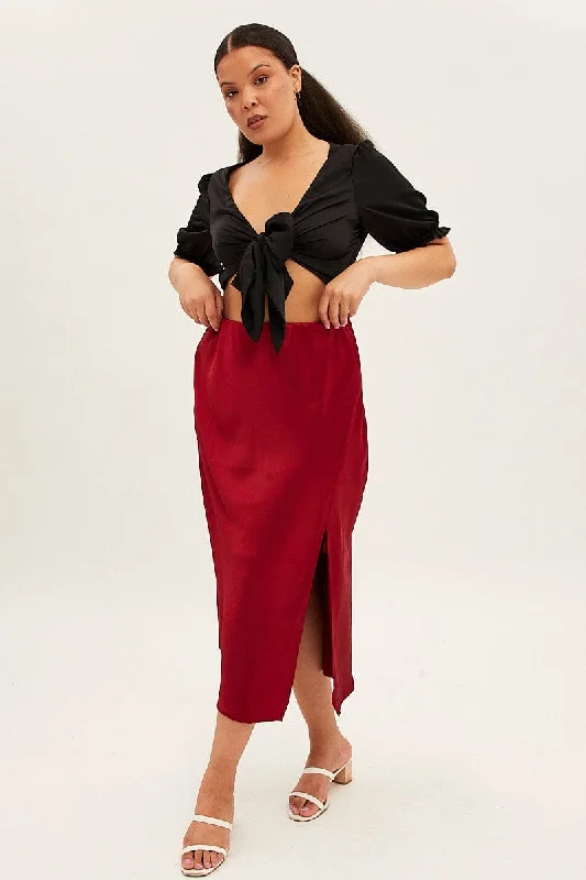 Red Midi Skirt Satin Split Flare