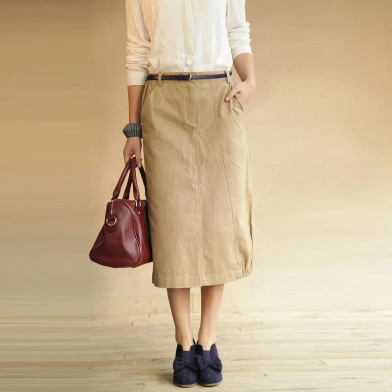 Summer women khaki Retro pencil skirts elegant plus size pockets cotton skirt