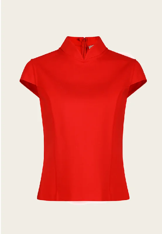 Red Mandarin Collar Cap Sleeve Top