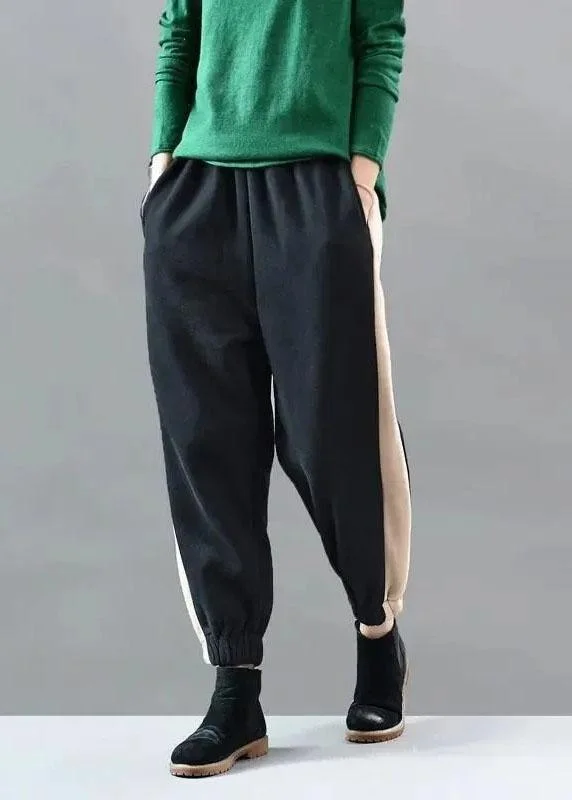 Loose Black Pockets Patchwork Sports Winter Pants