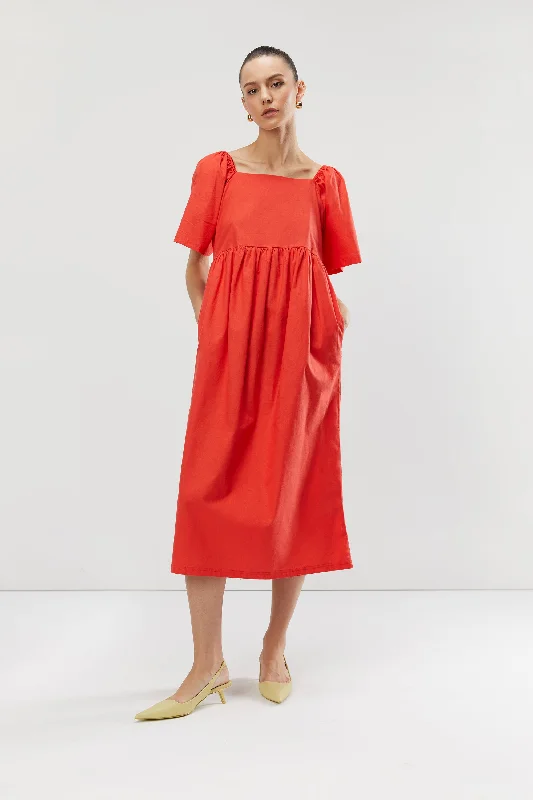 SQUARE NECK PUFF MIDI DRESS