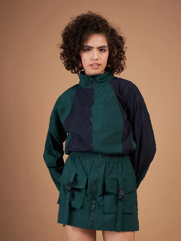 Women Green ColourBlock Parachute Zipper Jacket