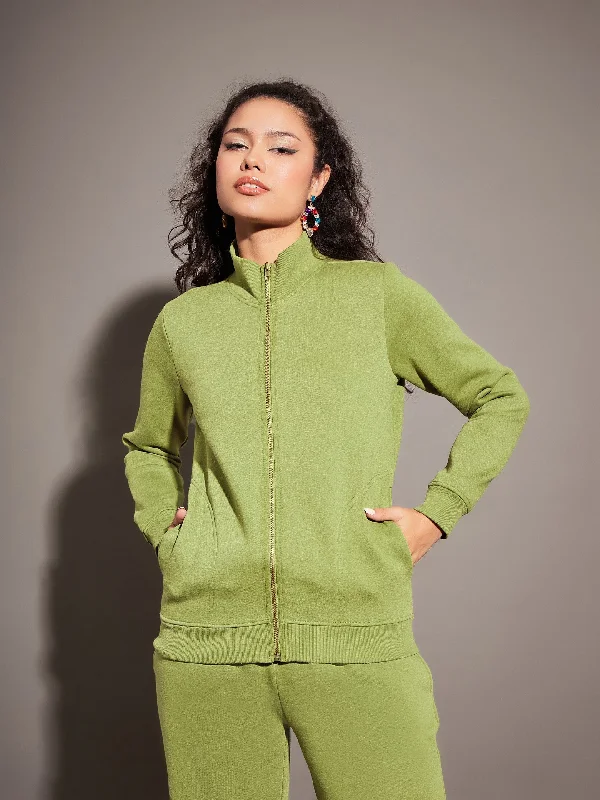 Women Olive Fleece Zipper Jacket