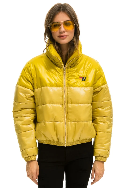 COLOR BLOCK HALF AND HALF APRES PUFFER JACKET - HONEY GLOSSY