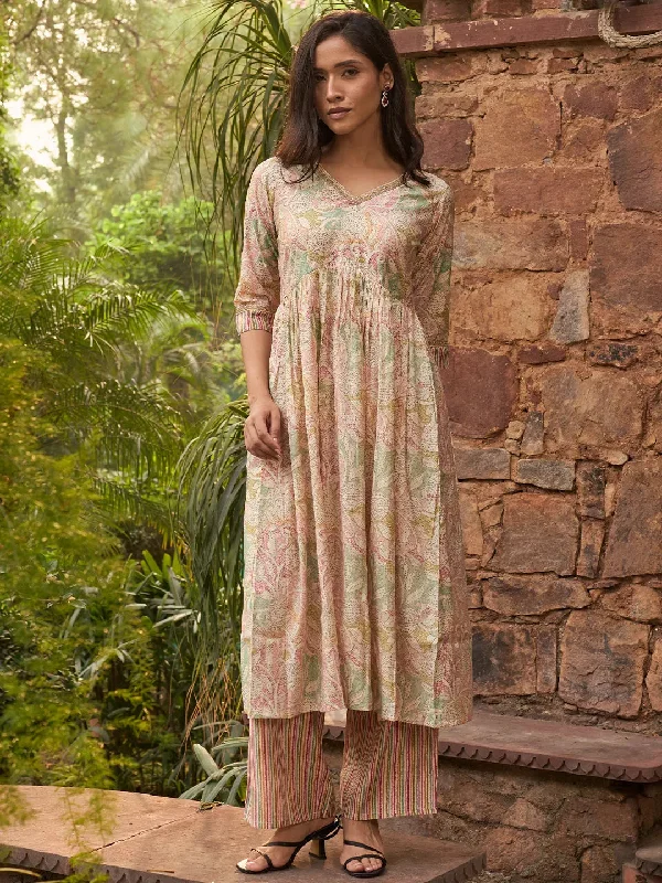 Beige Printed Silk Blend Anarkali Kurta Set