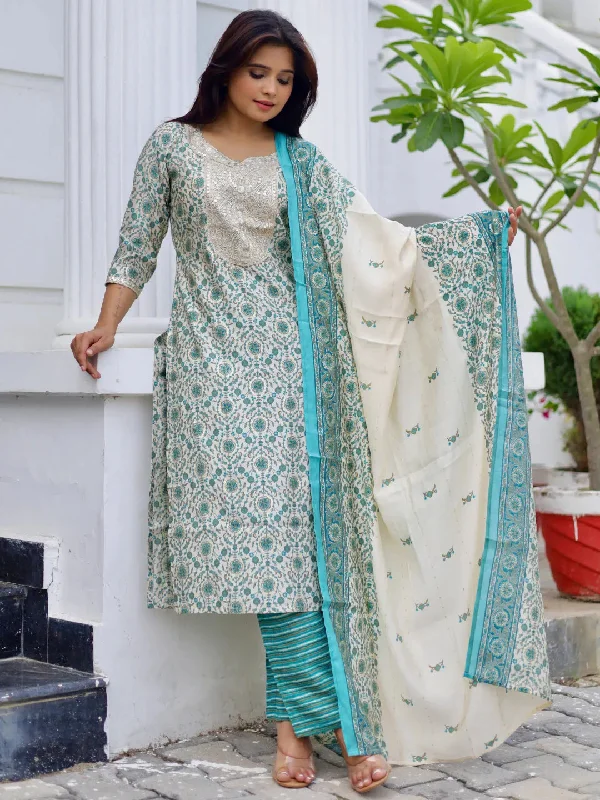 Beige Printed Silk Blend Straight Suit With Dupatta