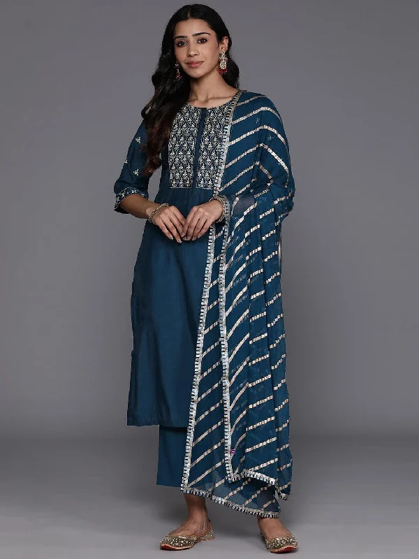 Blue Solid Silk Blend Straight Suit With Dupatta