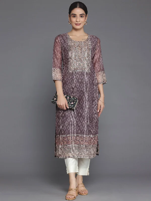 Brown Embellished Chanderi Silk Straight Kurta