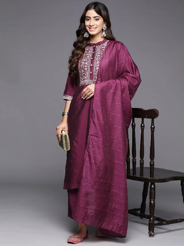 Burgundy Yoke Design Silk Blend Straight Suit With Dupatta