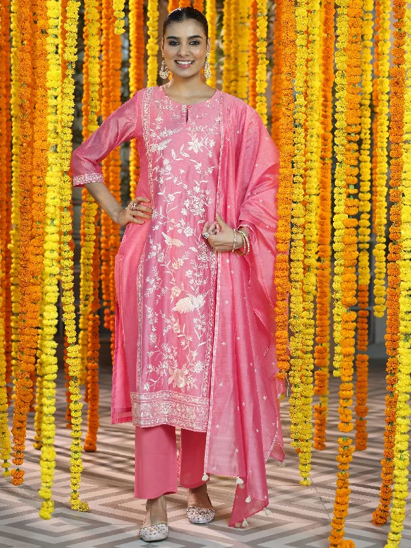 Coral Embroidered Chanderi Silk Straight Suit With Dupatta