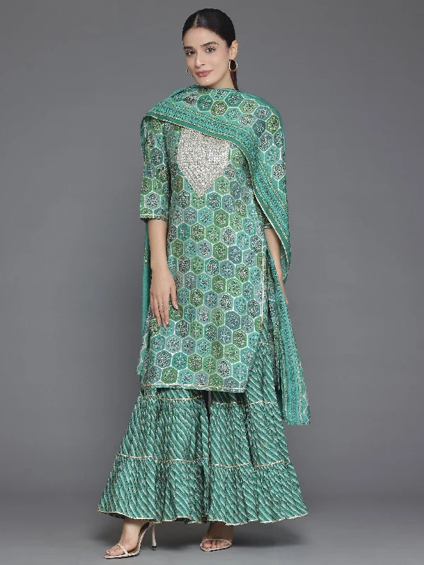 Green Printed Silk Blend Straight Suit With Dupatta