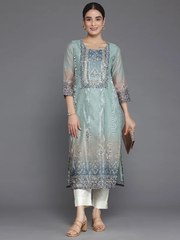 Grey Embellished Chanderi Silk Straight Kurta