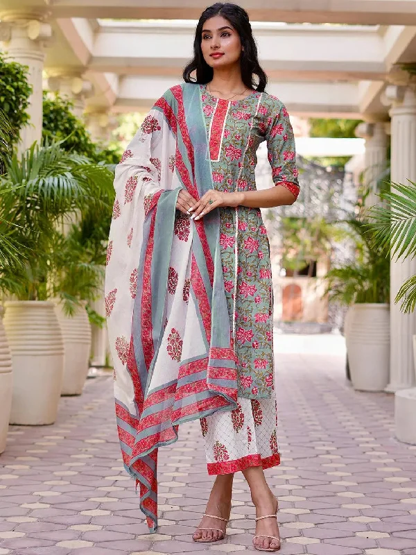 Grey Printed Cotton Straight Kurta With Palazzos & Dupatta