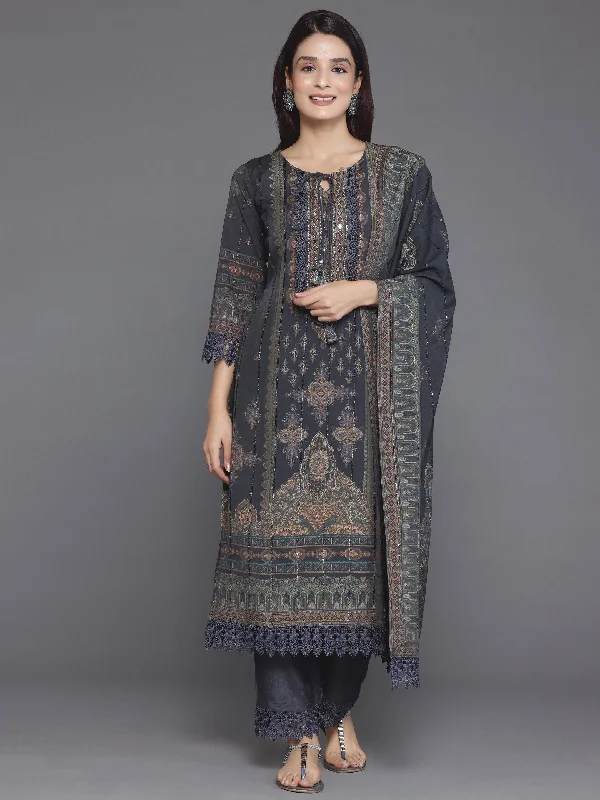 Grey Printed Silk Blend Straight Suit With Dupatta