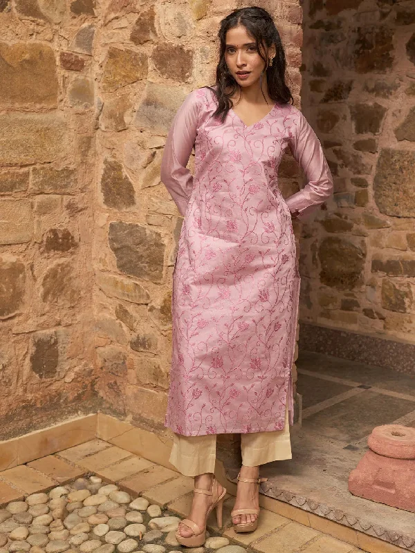 Mauve Embroidered Silk Straight Kurta