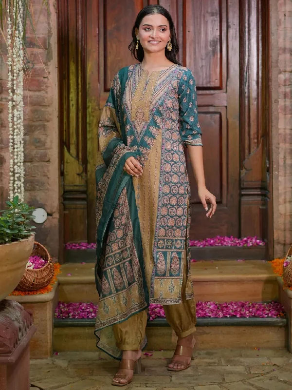 Multicoloured Printed Crepe Straight Suit With Dupatta