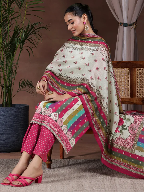 Off White Printed Poly Crepe Straight Suit With Dupatta