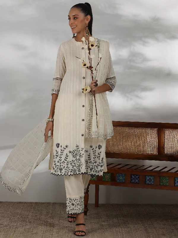 Off white Woven Design Cotton Straight Suit With Dupatta