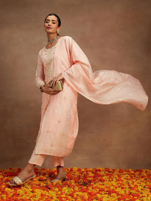 Peach Embroidered Silk Straight Suit With Dupatta