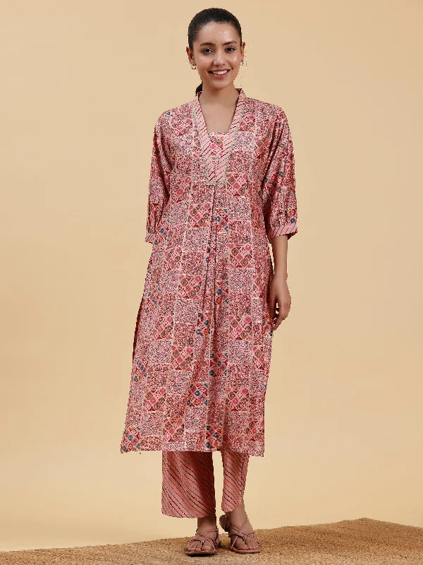 Peach Printed Silk Blend Straight Kurta Set