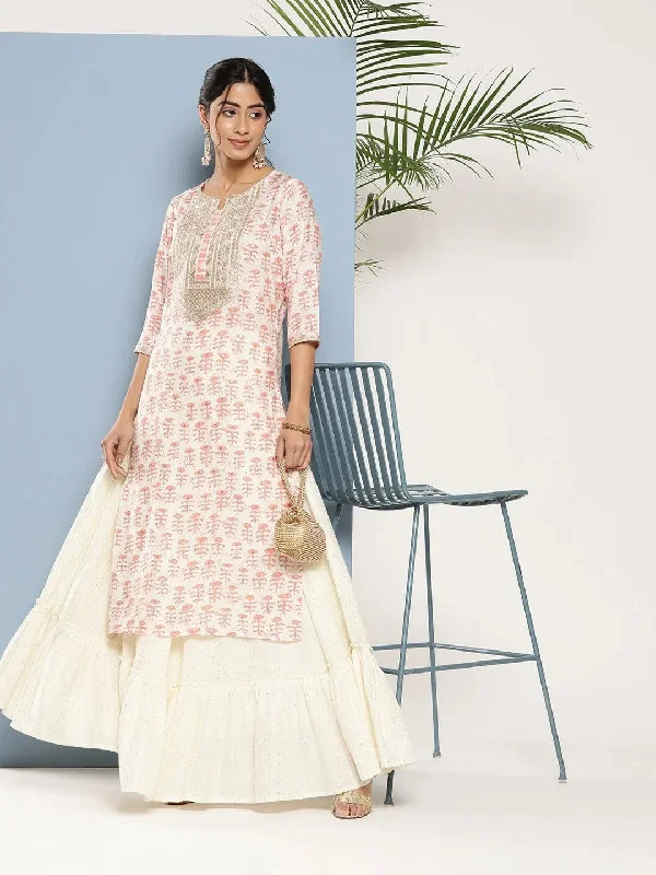 Peach Yoke Design Silk Straight Kurta