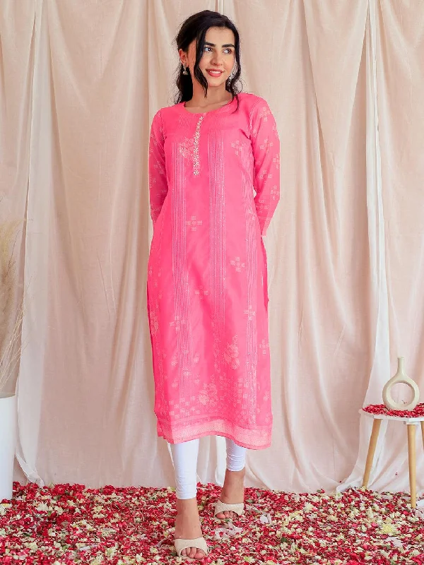 Pink Printed Chanderi Silk Straight Kurta