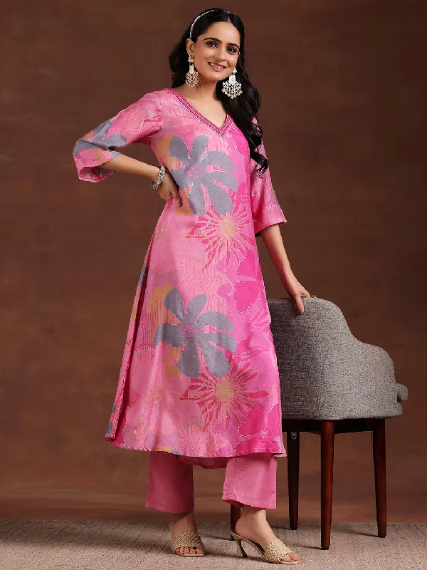 Pink Printed Silk Blend Co-Ords