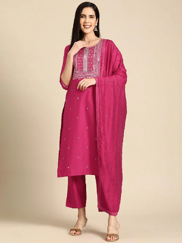 Pink Yoke Design Silk Blend Straight Suit With Dupatta