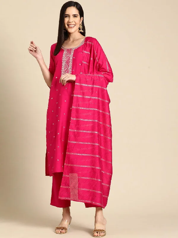 Pink Yoke Design Silk Blend Straight Suit With Dupatta