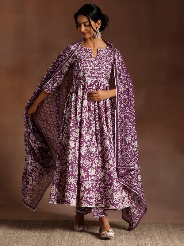 Purple Printed Cotton Anarkali Suit With Dupatta