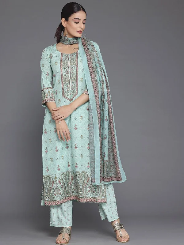 Green Printed Poly Crepe Straight Suit With Dupatta