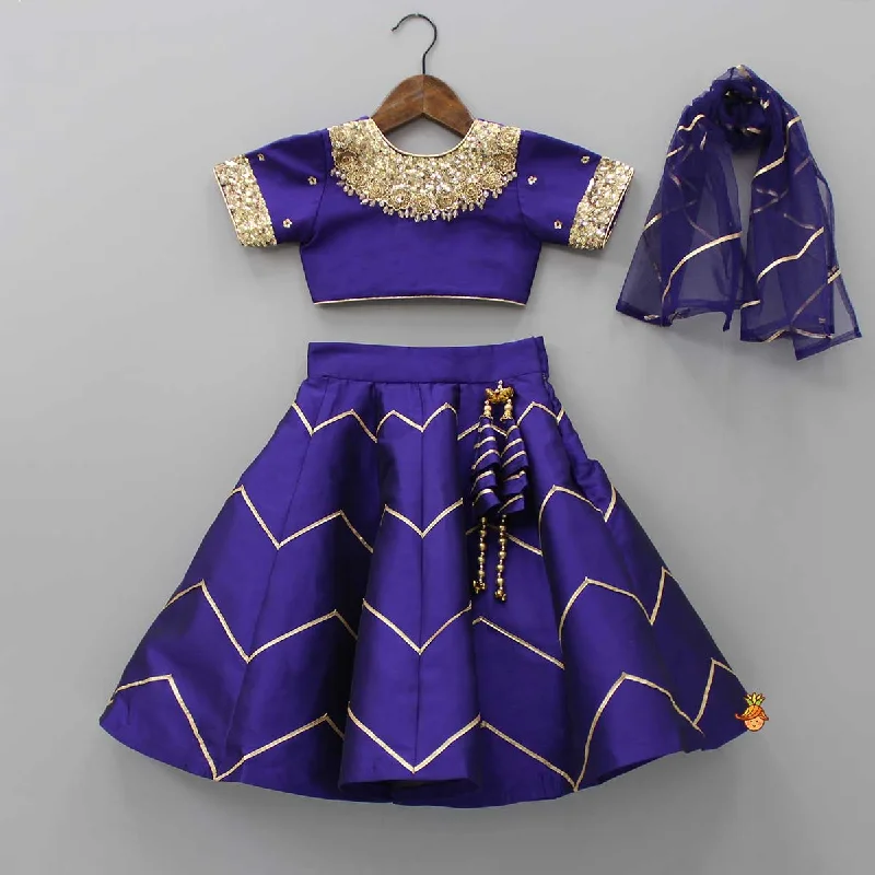 V Cut Back Embroidered Purple Top And Gota Lace Detail Lehenga With Matching Checks Dupatta