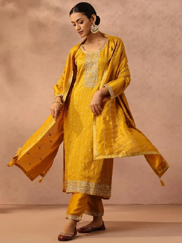 Yellow Embroidered Silk Blend Straight Kurta With Trousers & Dupatta