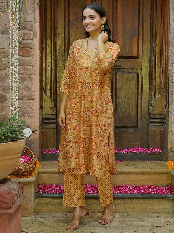 Yellow Printed Silk Blend Straight Kurta Set