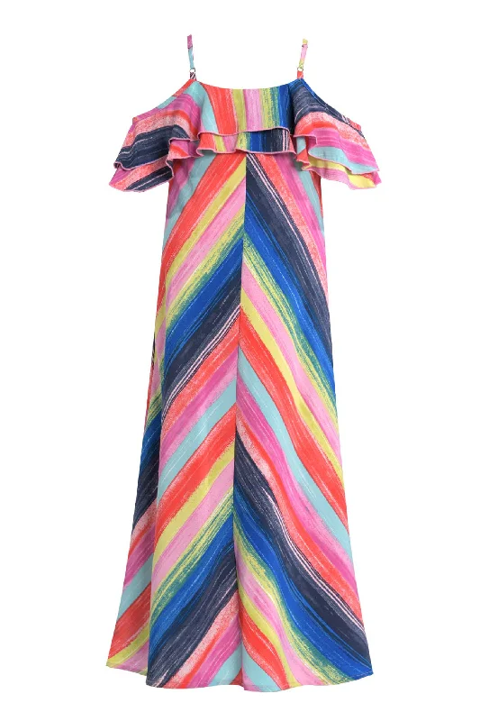 Big Girls | Tween Girls Rainbow Stripe Ruffle Maxi Slip Dress