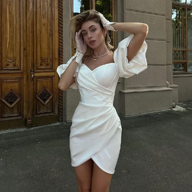 Mini Mermaid Wedding Party Dresses Sweetheart Off Shoulder Bridal Gowns Puff Sleeves Pleat Homecoming Dresses for Women Evening