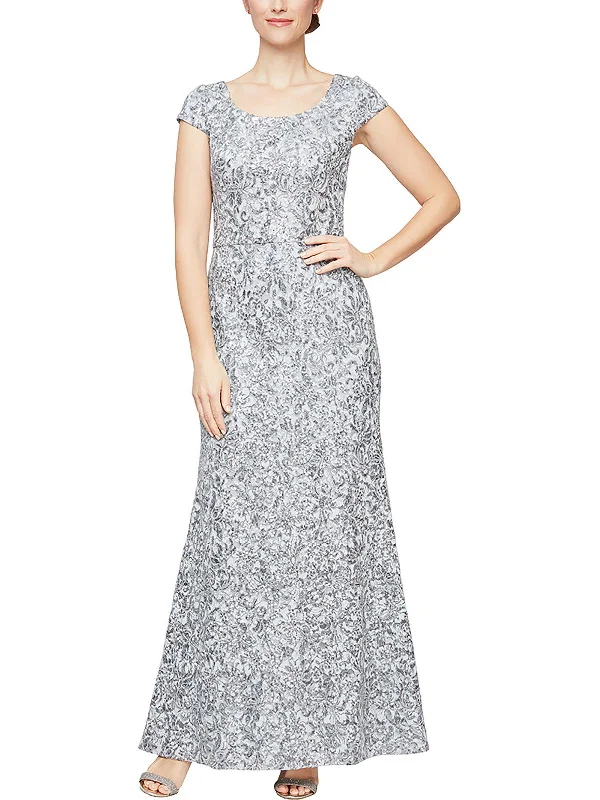 Petites Womens Lace Maxi Evening Dress