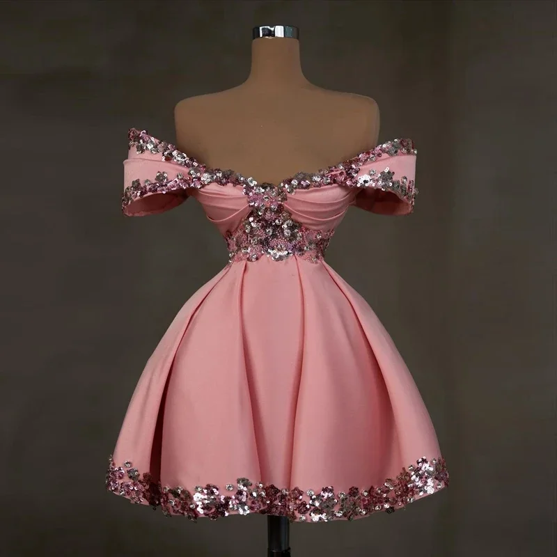 Sweet Pink Satin Mini Evening Party Dresses Off The Shoulder Sequined Beading Short Prom Gowns Cute Girls Graduation Gown