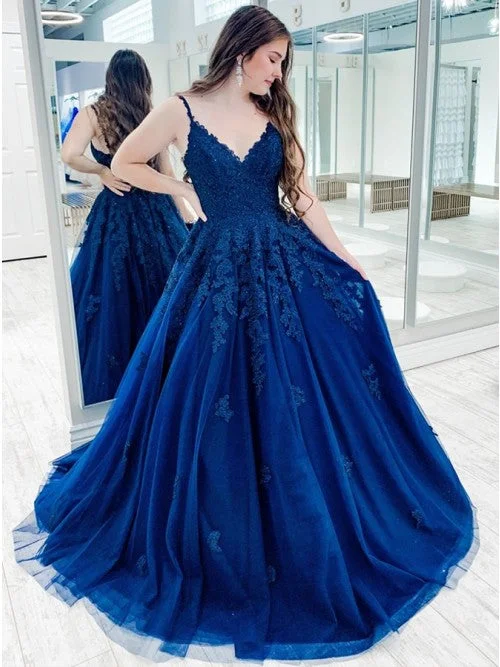 2025 A Line Blue Lace Prom Dresses Long Sleeveless Evening Gown