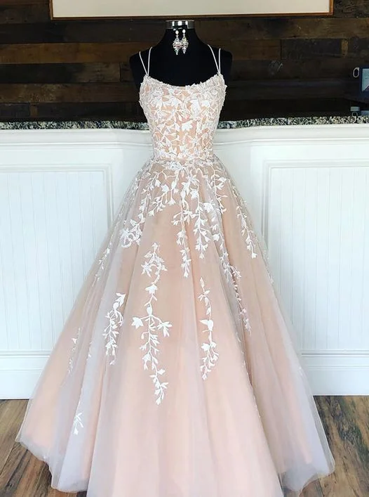 A Line Champagne Lace Prom Dresses Long Evening Gown