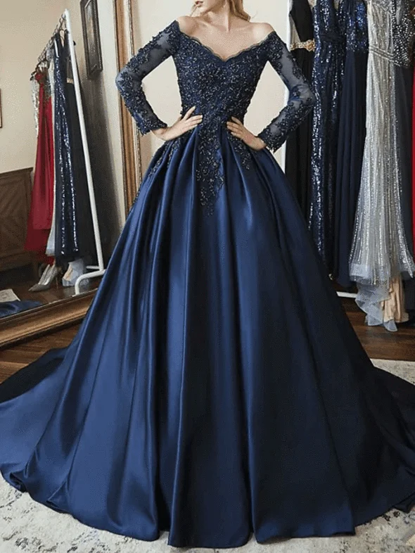 2025 A Line Prom Dresses Navy Blue Long Sleeves Appliques V Neck Evening Gown