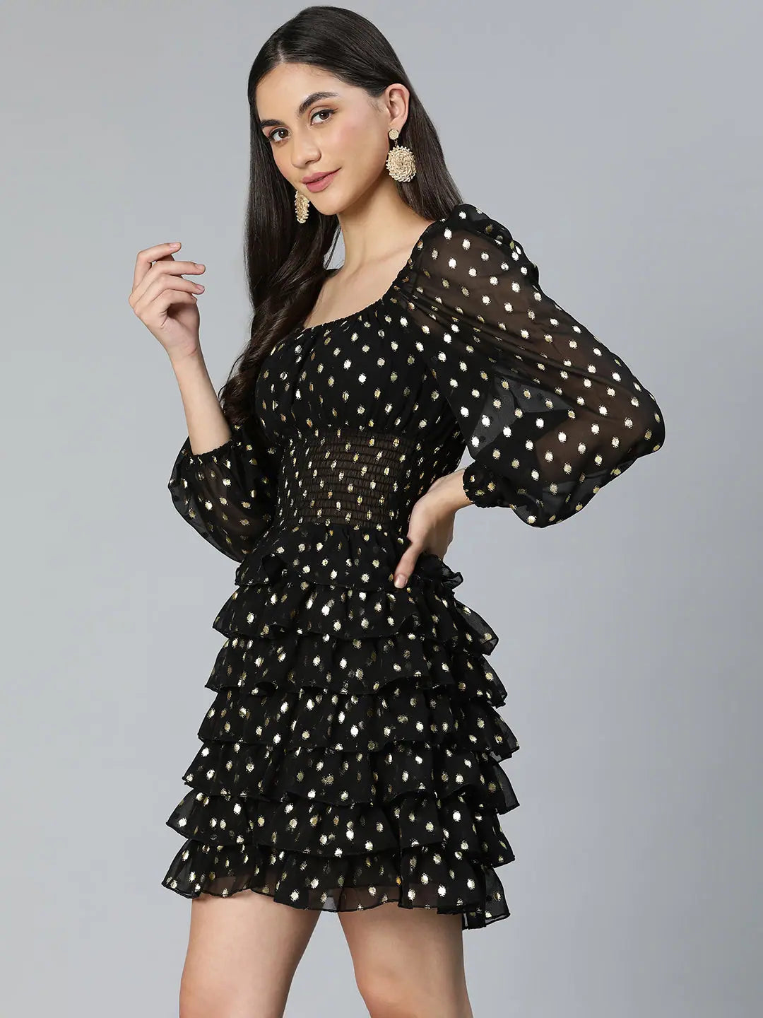 All-Rounder Black Smocked Foil Print Women Party Wear Dress