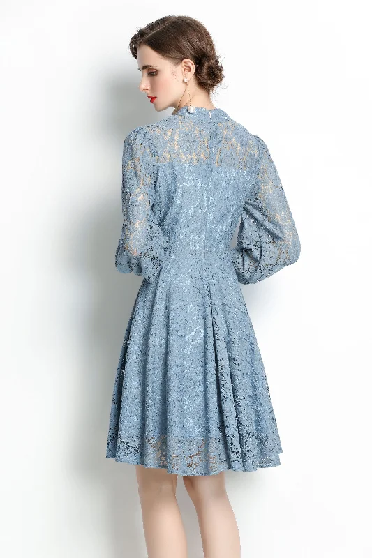 Blue Evening A-line Crewneck Long Sleeve Above Knee Lace Dress