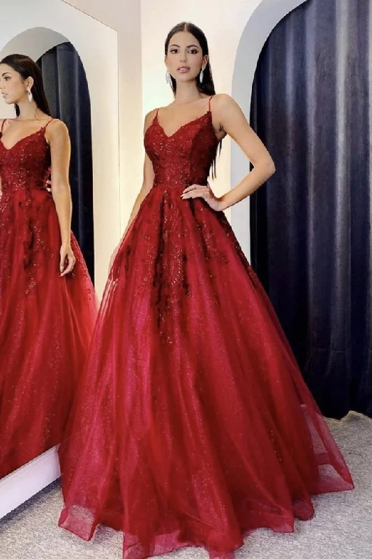 Burgundy Lace Long Prom Dresses A Line Spaghetti Straps Evening Dress