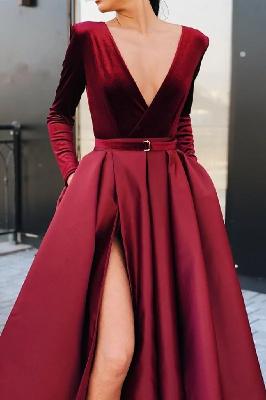 Burgundy Long Sleeves Prom Dresses 2025 with Pocket V Neck Evening Dresses