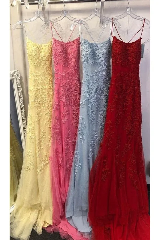 Custom Made Spaghetti Straps Long Lace Mermaid Prom Evening Dresses